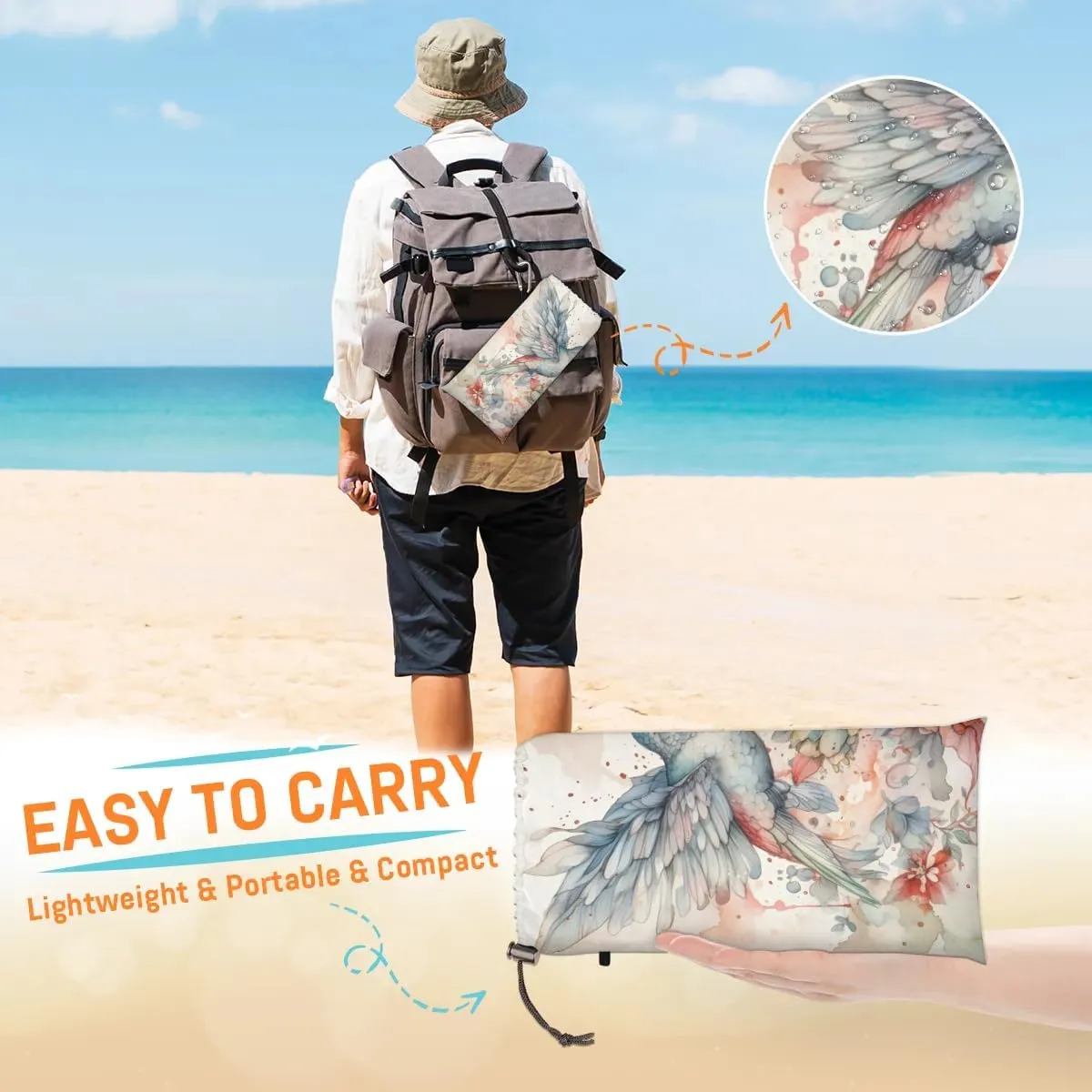 Beach Blanket, Hummingbird Sandproof Beach Mat, Waterproof Quick Drying Sand Free Mat with 4 x Ground Spikes for Outdoor Travel Camping Hiking, Spring Flowers 68 x 59 in