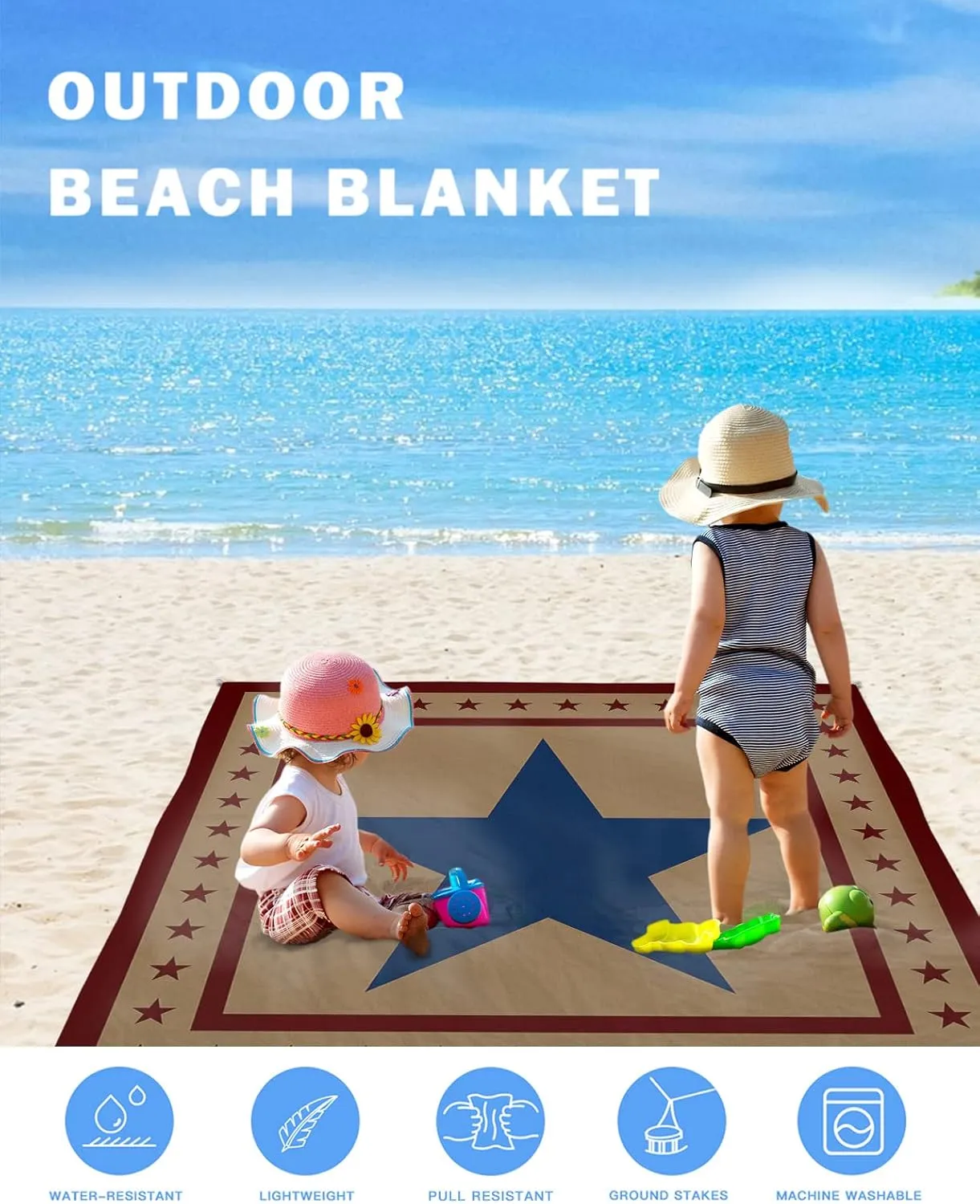 Beach Blanket, Independence Day Flag Day Blue Pentagram Red Stars Freedom Beach Mat 118"x108" Large Picnic Blanket,Sandproof Waterproof Outdoor Beach Blankets for Travel Camping Hiking Beach Vacation