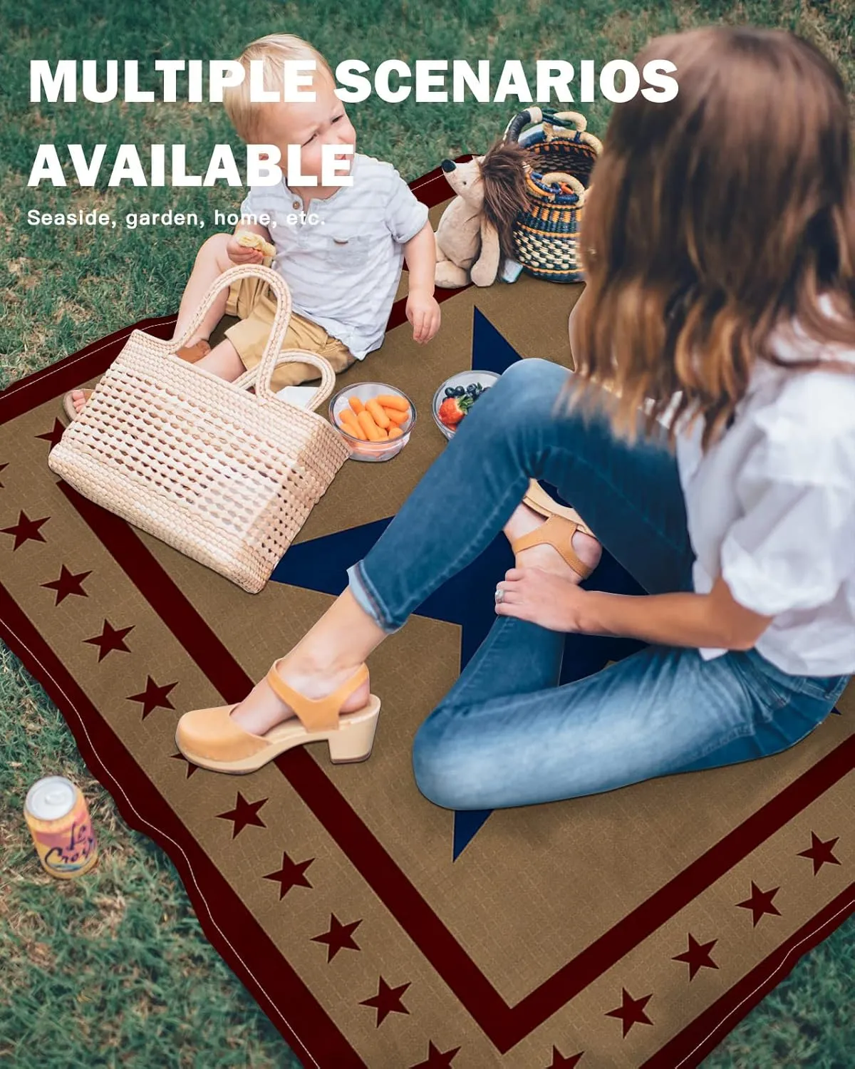 Beach Blanket, Independence Day Flag Day Blue Pentagram Red Stars Freedom Beach Mat 118"x108" Large Picnic Blanket,Sandproof Waterproof Outdoor Beach Blankets for Travel Camping Hiking Beach Vacation