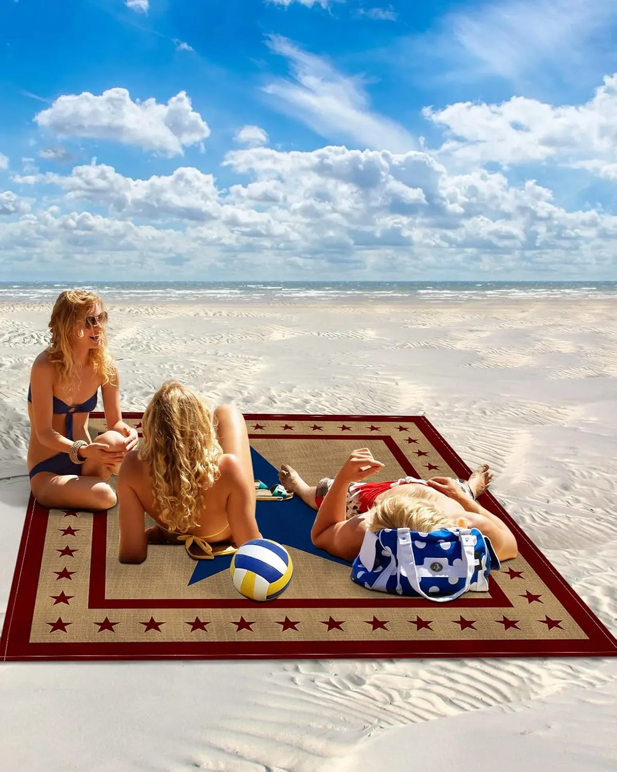 Beach Blanket, Independence Day Flag Day Blue Pentagram Red Stars Freedom Beach Mat 118"x108" Large Picnic Blanket,Sandproof Waterproof Outdoor Beach Blankets for Travel Camping Hiking Beach Vacation