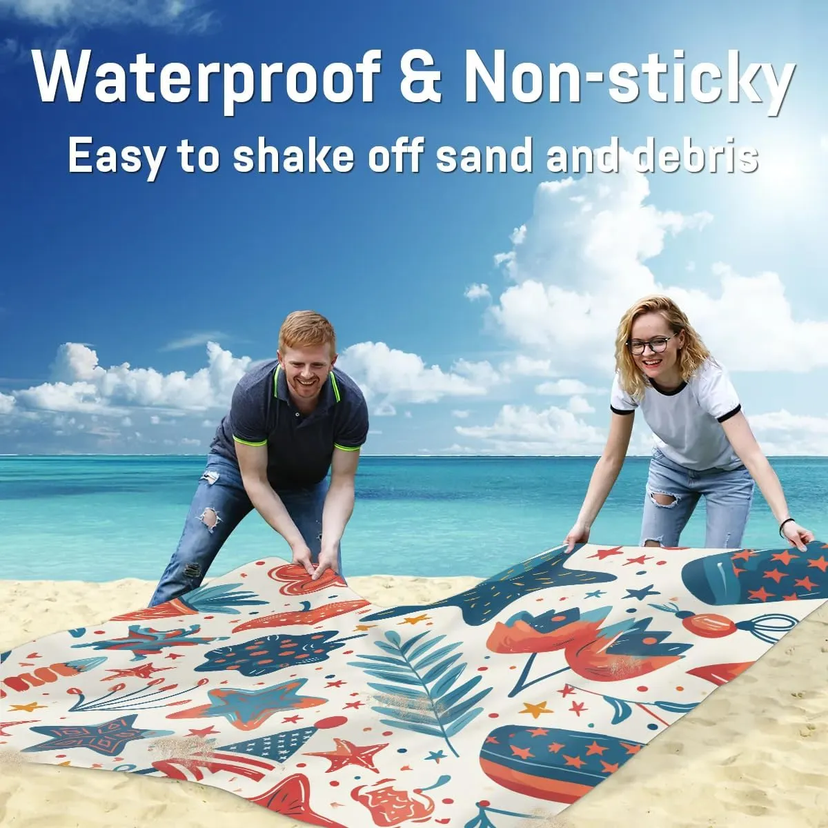 Beach Blanket, Independence Day Sandproof Beach Mat, Waterproof Quick Drying Sand Free Mat with 4 x Ground Spikes for Outdoor Travel Camping Hiking, Patriotic Stars 68 x 59 in