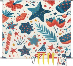 Beach Blanket, Independence Day Sandproof Beach Mat, Waterproof Quick Drying Sand Free Mat with 4 x Ground Spikes for Outdoor Travel Camping Hiking, Patriotic Stars 68 x 59 in