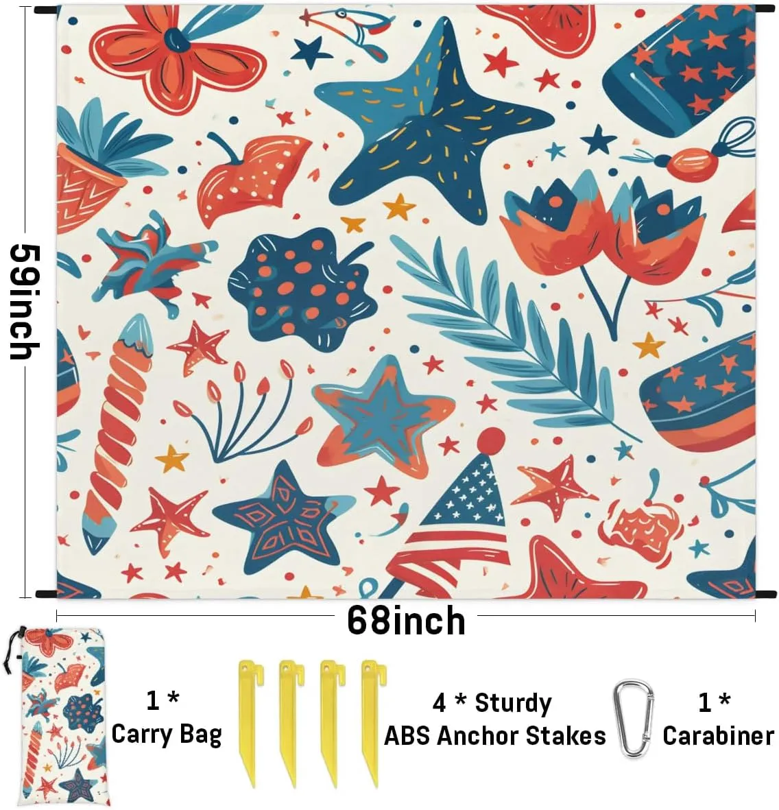 Beach Blanket, Independence Day Sandproof Beach Mat, Waterproof Quick Drying Sand Free Mat with 4 x Ground Spikes for Outdoor Travel Camping Hiking, Patriotic Stars 68 x 59 in