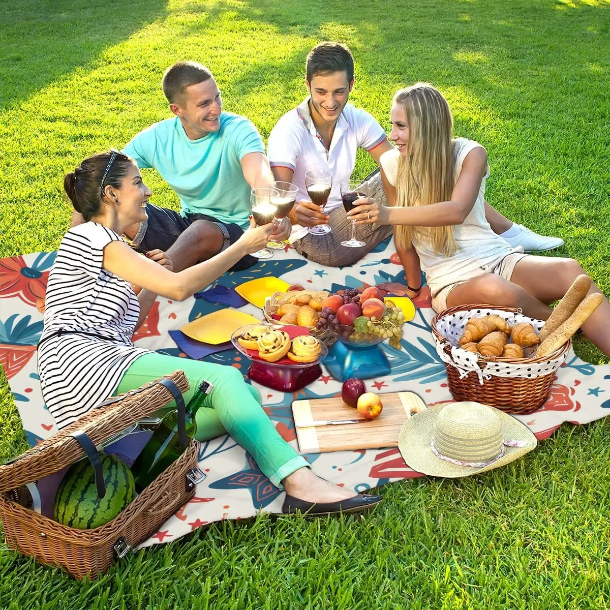 Beach Blanket, Independence Day Sandproof Beach Mat, Waterproof Quick Drying Sand Free Mat with 4 x Ground Spikes for Outdoor Travel Camping Hiking, Patriotic Stars 68 x 59 in