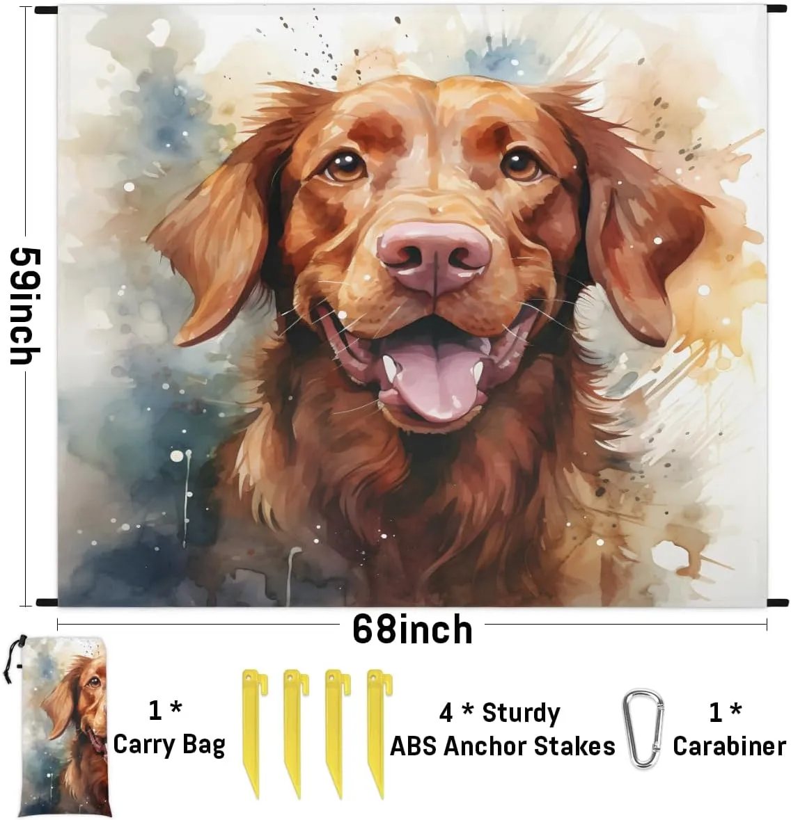 Beach Blanket, Labrador Dog Sandproof Beach Mat, Waterproof Quick Drying Sand Free Mat with 4 x Ground Spikes for Outdoor Travel Camping Hiking, Retriever Dog 68 x 59 in