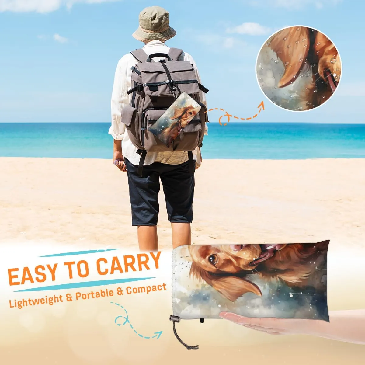 Beach Blanket, Labrador Dog Sandproof Beach Mat, Waterproof Quick Drying Sand Free Mat with 4 x Ground Spikes for Outdoor Travel Camping Hiking, Retriever Dog 68 x 59 in
