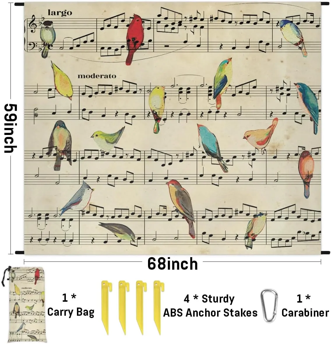 Beach Blanket, Music Note Sandproof Beach Mat, Waterproof Quick Drying Sand Free Mat with 4 x Ground Spikes for Outdoor Travel Camping Hiking, Colorful Bird 68 x 59 in
