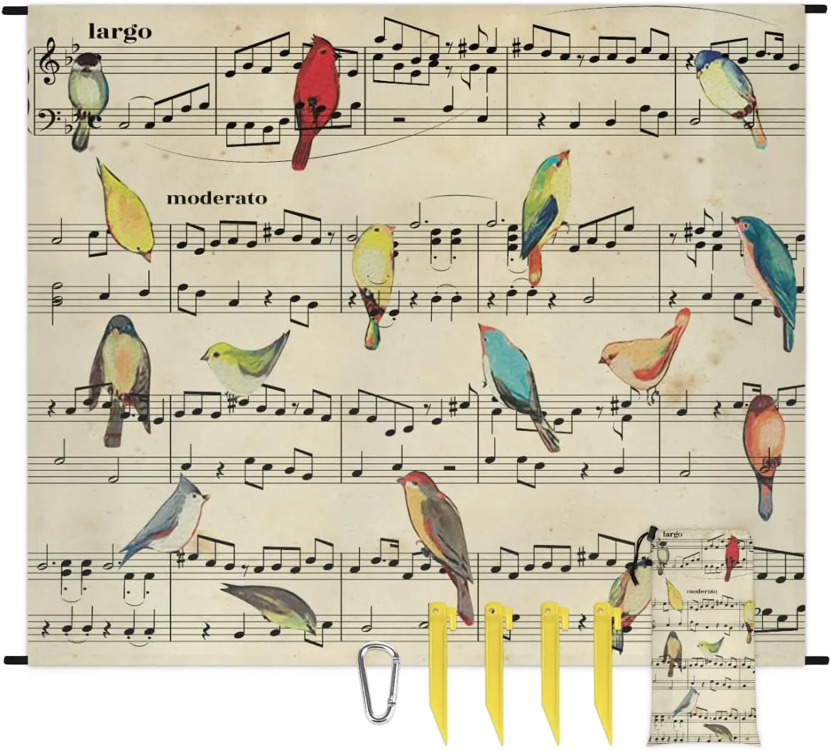 Beach Blanket, Music Note Sandproof Beach Mat, Waterproof Quick Drying Sand Free Mat with 4 x Ground Spikes for Outdoor Travel Camping Hiking, Colorful Bird 68 x 59 in