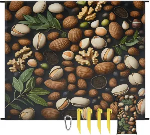 Beach Blanket, Nuts Sandproof Beach Mat, Waterproof Quick Drying Sand Free Mat with 4 x Ground Spikes for Outdoor Travel Camping Hiking, Colorful Nuts 68 x 59 in
