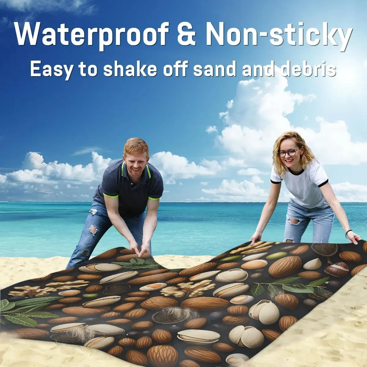 Beach Blanket, Nuts Sandproof Beach Mat, Waterproof Quick Drying Sand Free Mat with 4 x Ground Spikes for Outdoor Travel Camping Hiking, Colorful Nuts 68 x 59 in