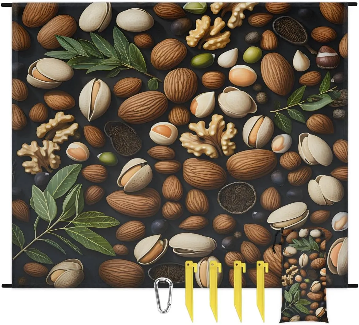 Beach Blanket, Nuts Sandproof Beach Mat, Waterproof Quick Drying Sand Free Mat with 4 x Ground Spikes for Outdoor Travel Camping Hiking, Colorful Nuts 68 x 59 in
