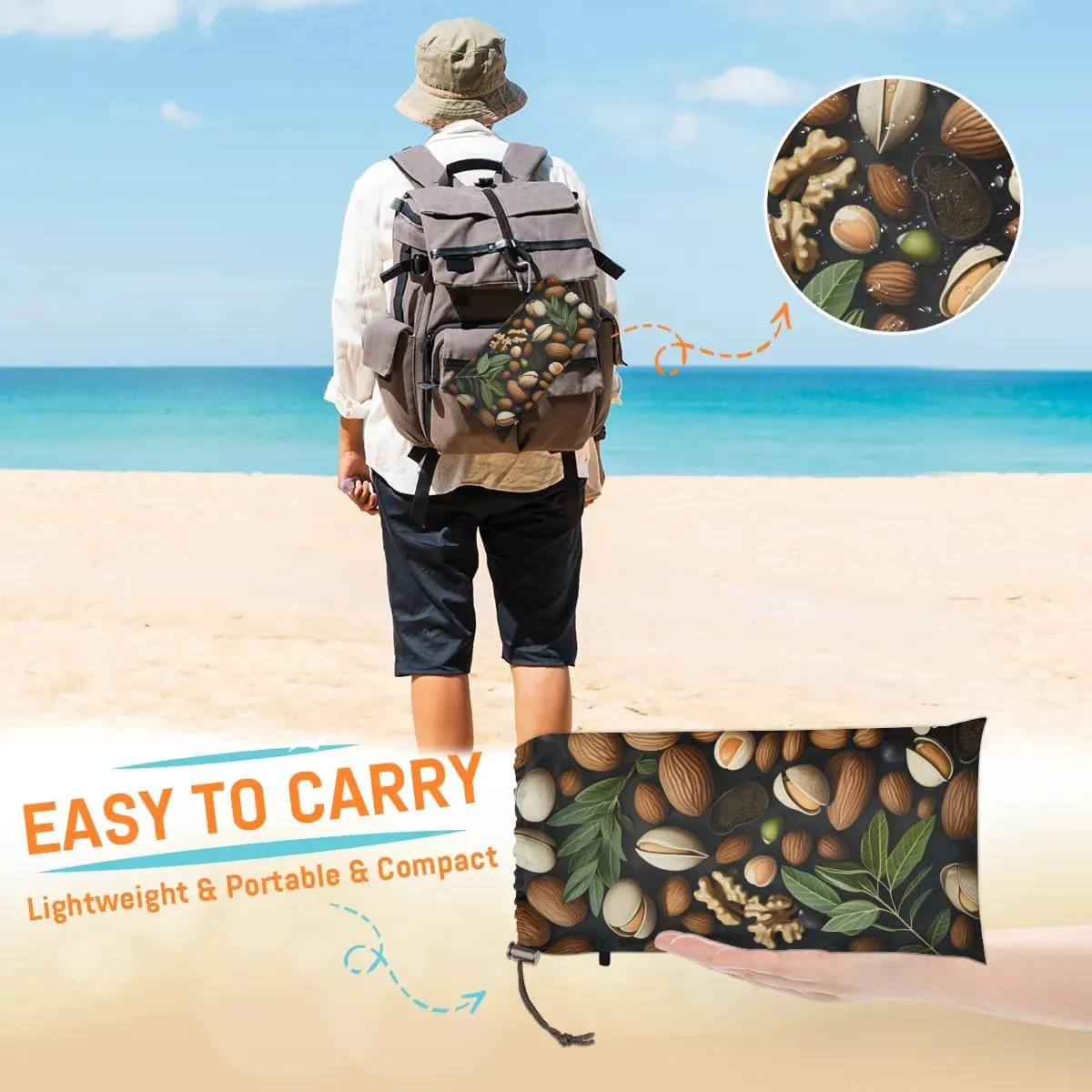 Beach Blanket, Nuts Sandproof Beach Mat, Waterproof Quick Drying Sand Free Mat with 4 x Ground Spikes for Outdoor Travel Camping Hiking, Colorful Nuts 68 x 59 in