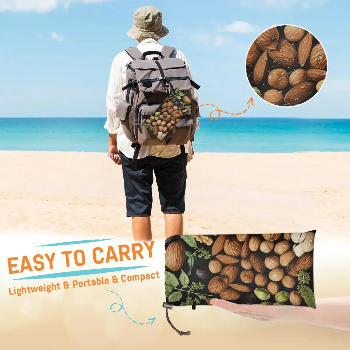 Beach Blanket, Nuts Themes Sandproof Beach Mat, Waterproof Quick Drying Sand Free Mat with 4 x Ground Spikes for Outdoor Travel Camping Hiking, Nuts 68 x 59 in