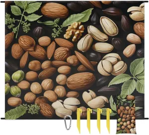 Beach Blanket, Nuts Themes Sandproof Beach Mat, Waterproof Quick Drying Sand Free Mat with 4 x Ground Spikes for Outdoor Travel Camping Hiking, Nuts 68 x 59 in