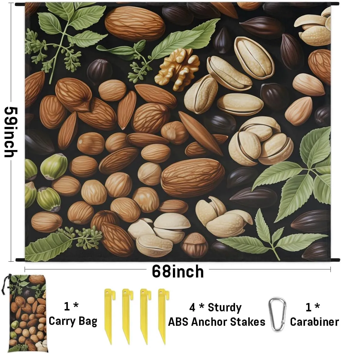 Beach Blanket, Nuts Themes Sandproof Beach Mat, Waterproof Quick Drying Sand Free Mat with 4 x Ground Spikes for Outdoor Travel Camping Hiking, Nuts 68 x 59 in