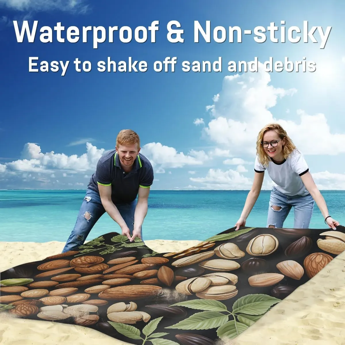 Beach Blanket, Nuts Themes Sandproof Beach Mat, Waterproof Quick Drying Sand Free Mat with 4 x Ground Spikes for Outdoor Travel Camping Hiking, Nuts 68 x 59 in