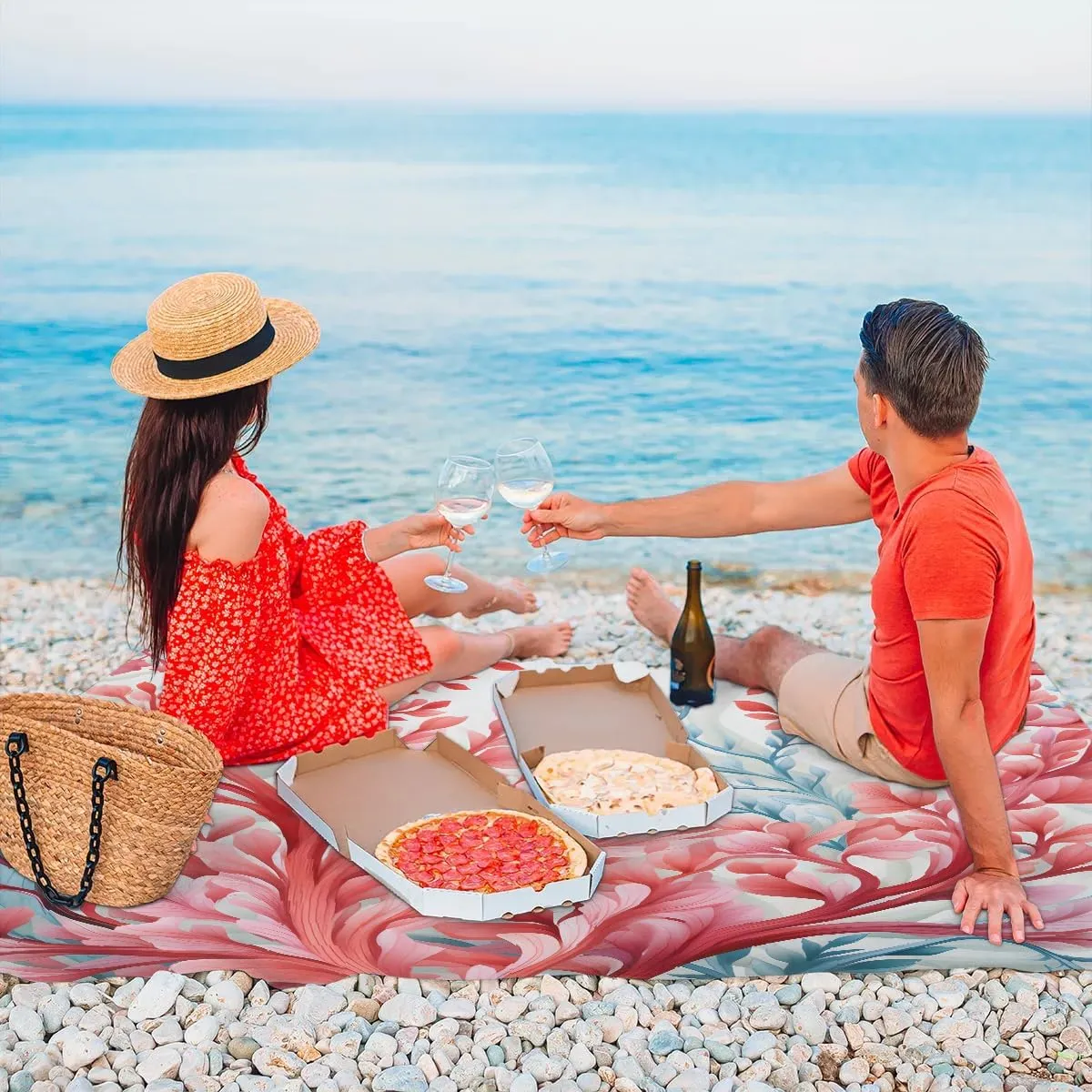 Beach Blanket, Ocean Coral Sandproof Beach Mat, Waterproof Quick Drying Sand Free Mat with 4 x Ground Spikes for Outdoor Travel Camping Hiking, Spring Ocean 68 x 59 in