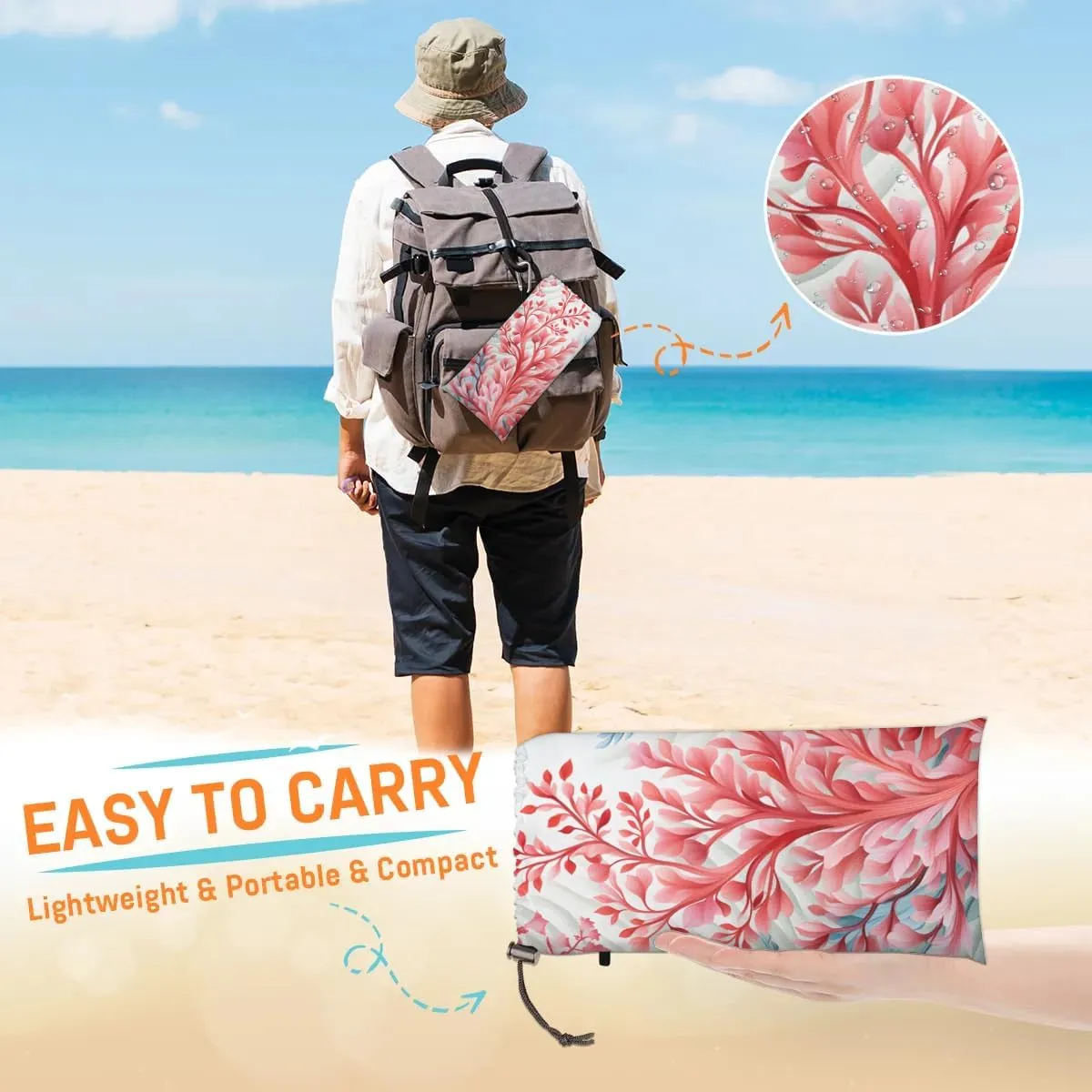 Beach Blanket, Ocean Coral Sandproof Beach Mat, Waterproof Quick Drying Sand Free Mat with 4 x Ground Spikes for Outdoor Travel Camping Hiking, Spring Ocean 68 x 59 in