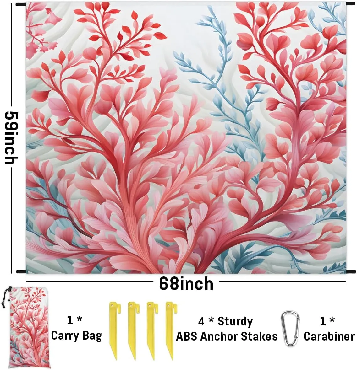 Beach Blanket, Ocean Coral Sandproof Beach Mat, Waterproof Quick Drying Sand Free Mat with 4 x Ground Spikes for Outdoor Travel Camping Hiking, Spring Ocean 68 x 59 in