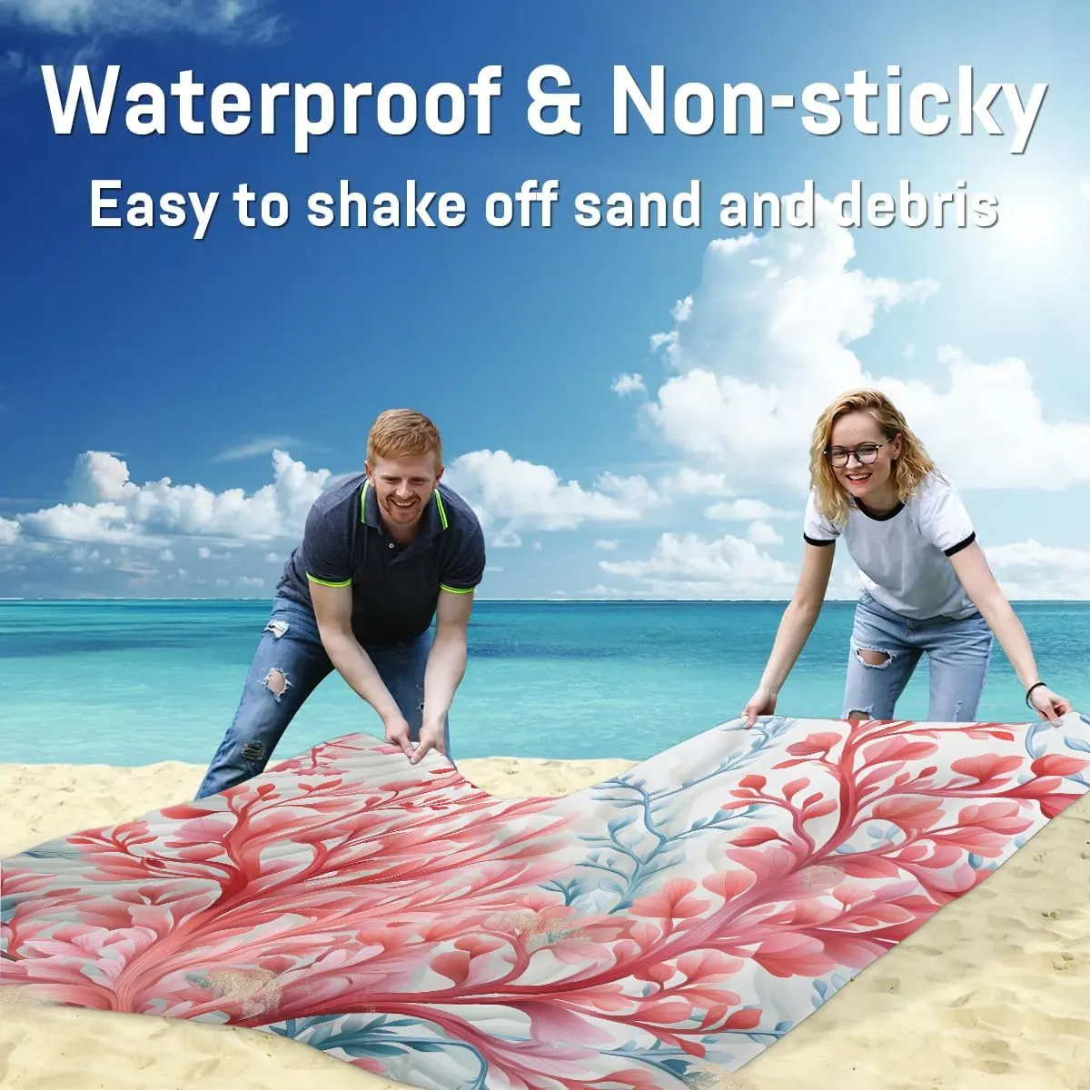 Beach Blanket, Ocean Coral Sandproof Beach Mat, Waterproof Quick Drying Sand Free Mat with 4 x Ground Spikes for Outdoor Travel Camping Hiking, Spring Ocean 68 x 59 in