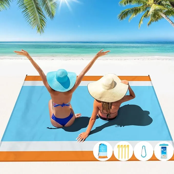 Beach Blanket Oversized Extra Large 10'X 9',Waterproof Sandproof Beach Blanket 2-8 Adults Lightweight Durable for Travel Camping Hiking Picnic (10'X 9', Orange&Blue)