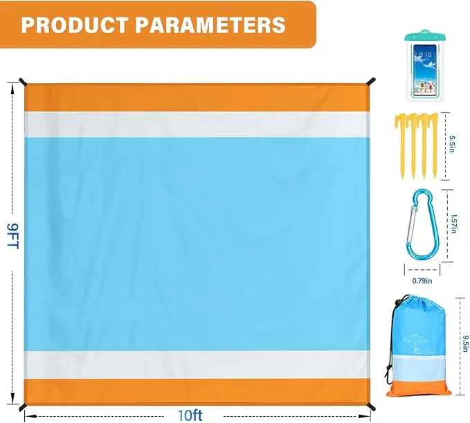 Beach Blanket Oversized Extra Large 10'X 9',Waterproof Sandproof Beach Blanket 2-8 Adults Lightweight Durable for Travel Camping Hiking Picnic (10'X 9', Orange&Blue)