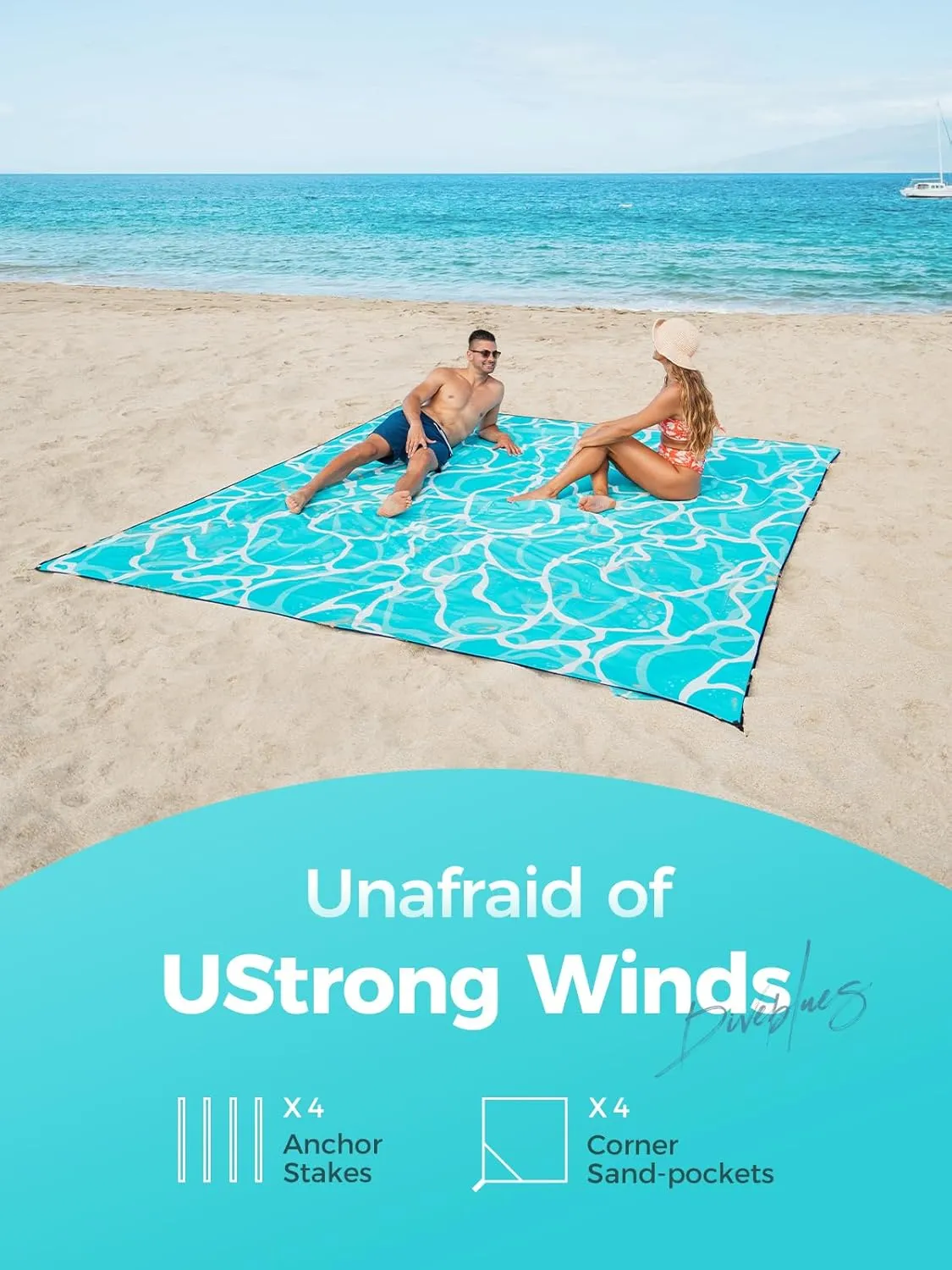 Beach Blanket Oversized Extra Large 110" * 118"/ 9 * 10 Ft,Beach Mat Waterproof Sandproof,Soft and Durable, Picnic Mat for Travel Camping, Beach Vacation,4 Stakes & 1 Travel Bag