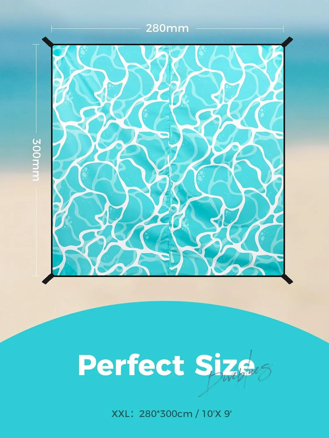 Beach Blanket Oversized Extra Large 110" * 118"/ 9 * 10 Ft,Beach Mat Waterproof Sandproof,Soft and Durable, Picnic Mat for Travel Camping, Beach Vacation,4 Stakes & 1 Travel Bag