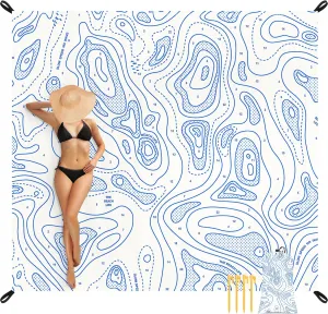 Beach Blanket Sandproof, 78''×86'' Large Waterproof Sand Free Beach Mat for 4 Adults, Big Compact Foldable White Beach Essential with 4 Stakes & 4 Corner Pockets for Picnic, Camping, Travel