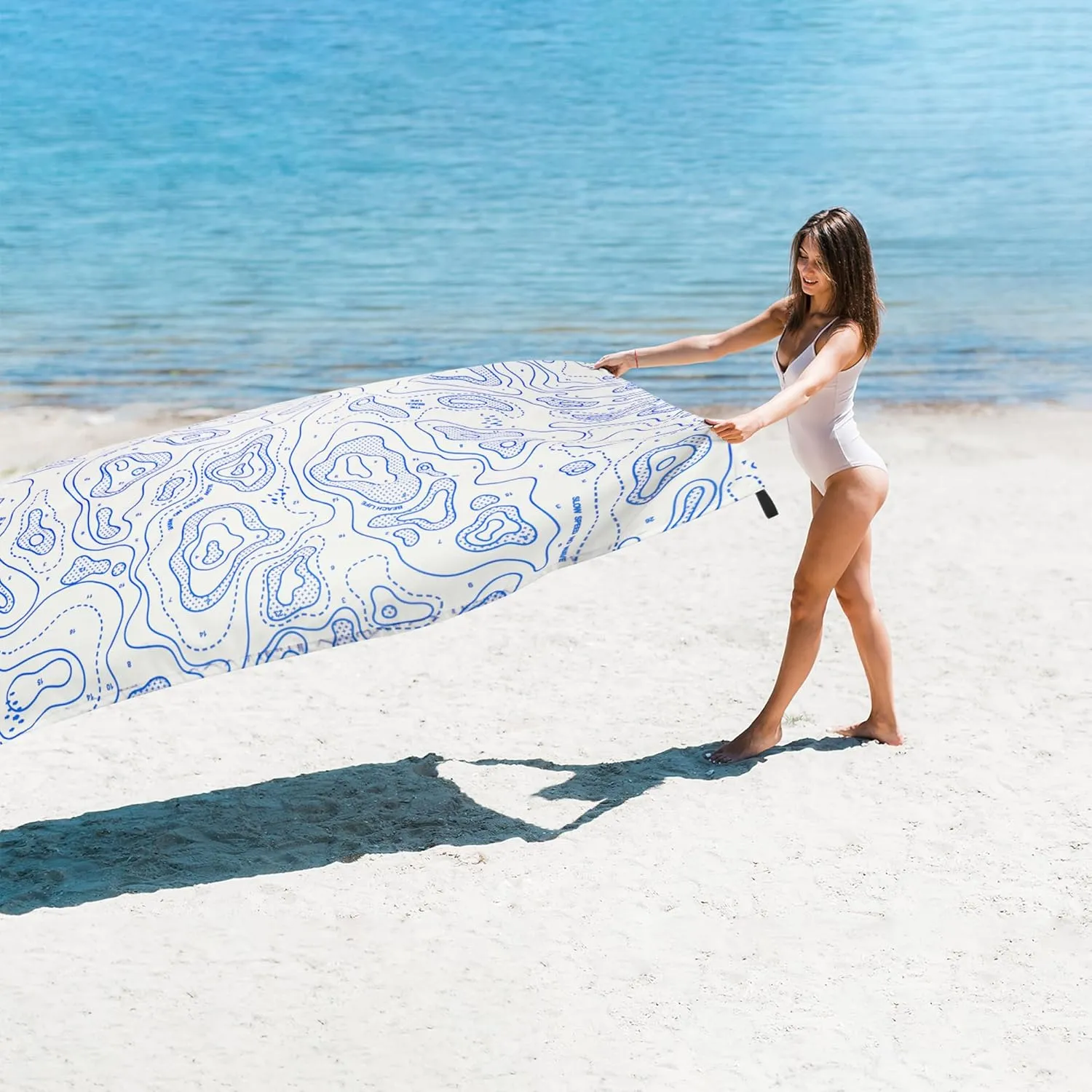 Beach Blanket Sandproof, 78''×86'' Large Waterproof Sand Free Beach Mat for 4 Adults, Big Compact Foldable White Beach Essential with 4 Stakes & 4 Corner Pockets for Picnic, Camping, Travel