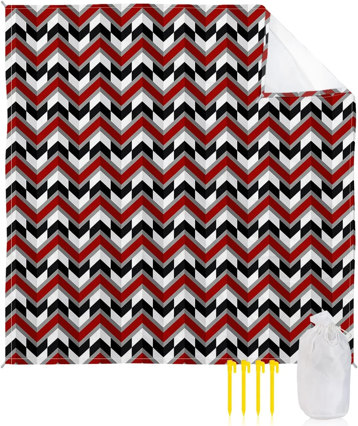 Beach Blanket Sandproof, Abstract Black Red Herringbone Pattern Waterproof Beach Mat Lightweight Quick Drying Picnic Blanket Beach Essentials for Travel Camping Hiking 83x79in