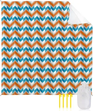Beach Blanket Sandproof, Abstract Orange Blue Herringbone Pattern Waterproof Beach Mat Lightweight Quick Drying Picnic Blanket Beach Essentials for Travel Camping Hiking 108x84in