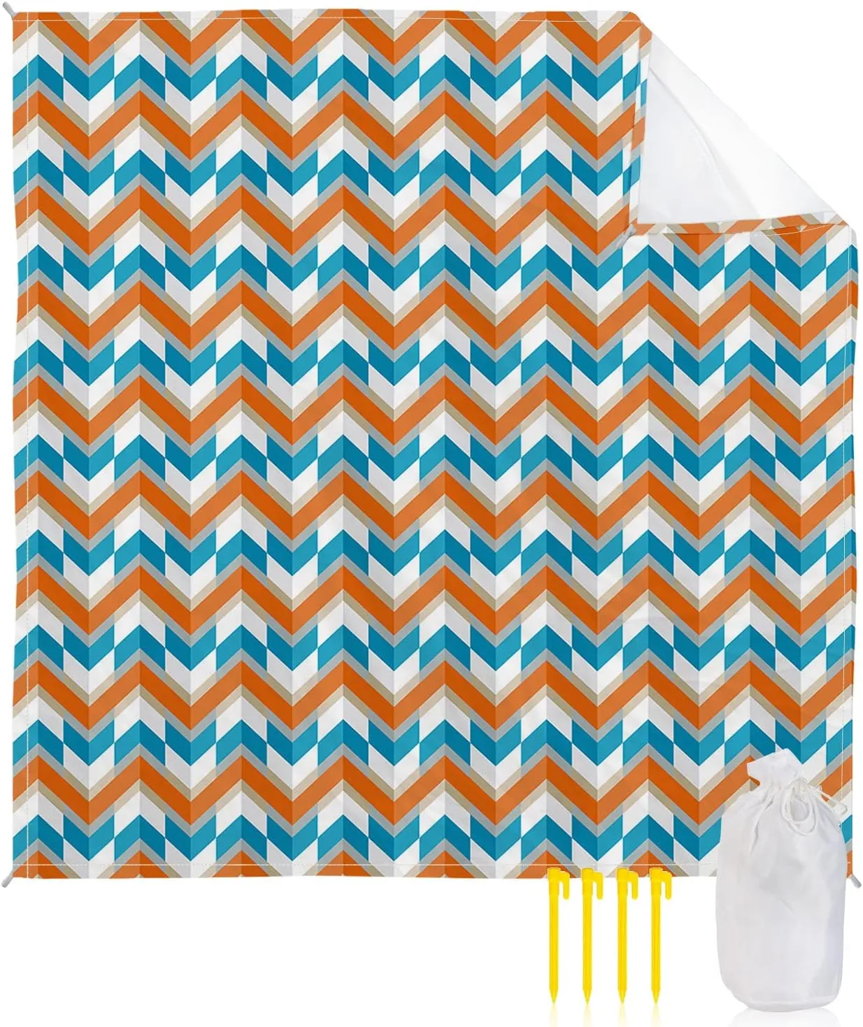 Beach Blanket Sandproof, Abstract Orange Blue Herringbone Pattern Waterproof Beach Mat Lightweight Quick Drying Picnic Blanket Beach Essentials for Travel Camping Hiking 118x108in