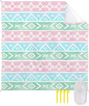 Beach Blanket Sandproof, Boho Folk-Custom Stripes Pink Green Blue Waterproof Beach Mat Lightweight Quick Drying Picnic Blanket Beach Essentials for Travel Camping Hiking 95x80in