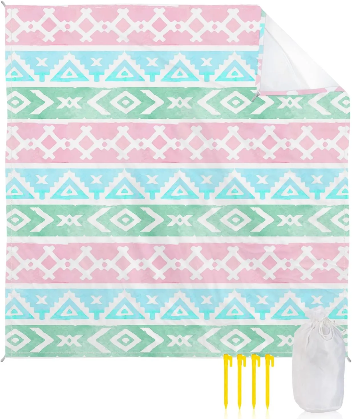 Beach Blanket Sandproof, Boho Folk-Custom Stripes Pink Green Blue Waterproof Beach Mat Lightweight Quick Drying Picnic Blanket Beach Essentials for Travel Camping Hiking 95x80in