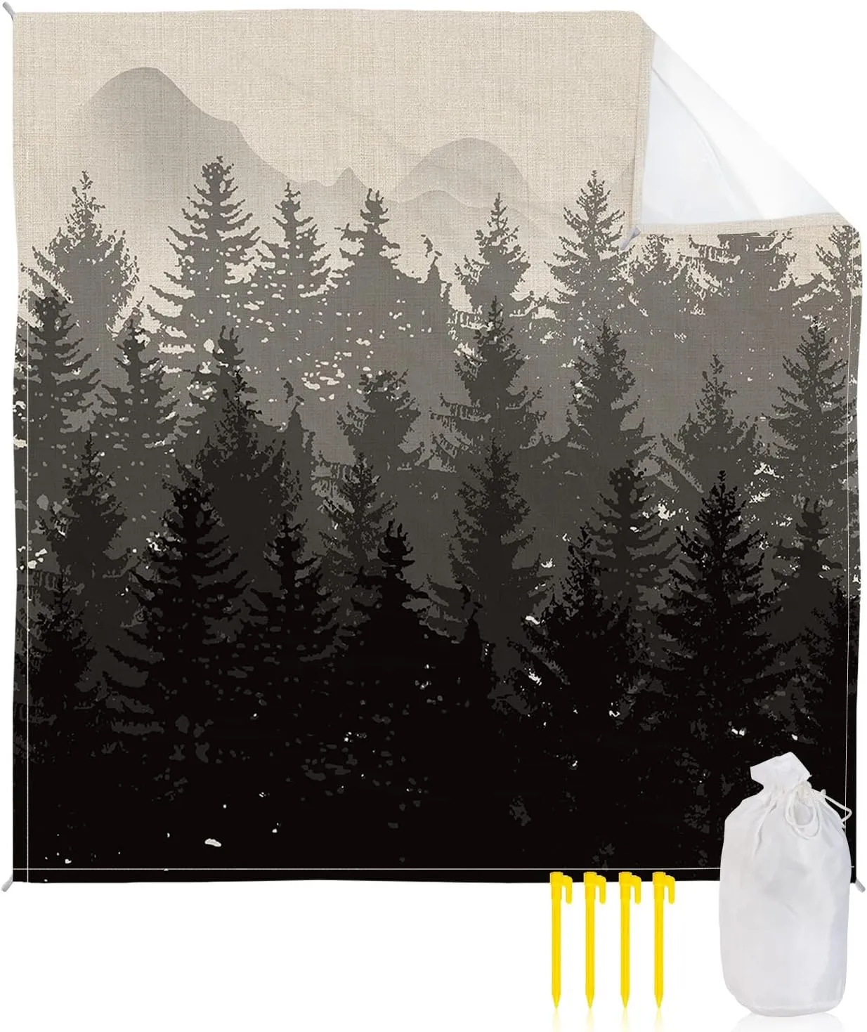 Beach Blanket Sandproof, Fall Forest Silhouette Black Geay Art Oil Painting Linen Waterproof Beach Mat Lightweight Quick Drying Picnic Blanket Beach Essentials for Travel Camping Hiking 108x84in