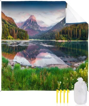 Beach Blanket Sandproof, Forest Lake Grass Spectacular Scenery Dreamy Sky Clouds Waterproof Beach Mat Lightweight Quick Drying Picnic Blanket Beach Essentials for Travel Camping Hiking 83x79in