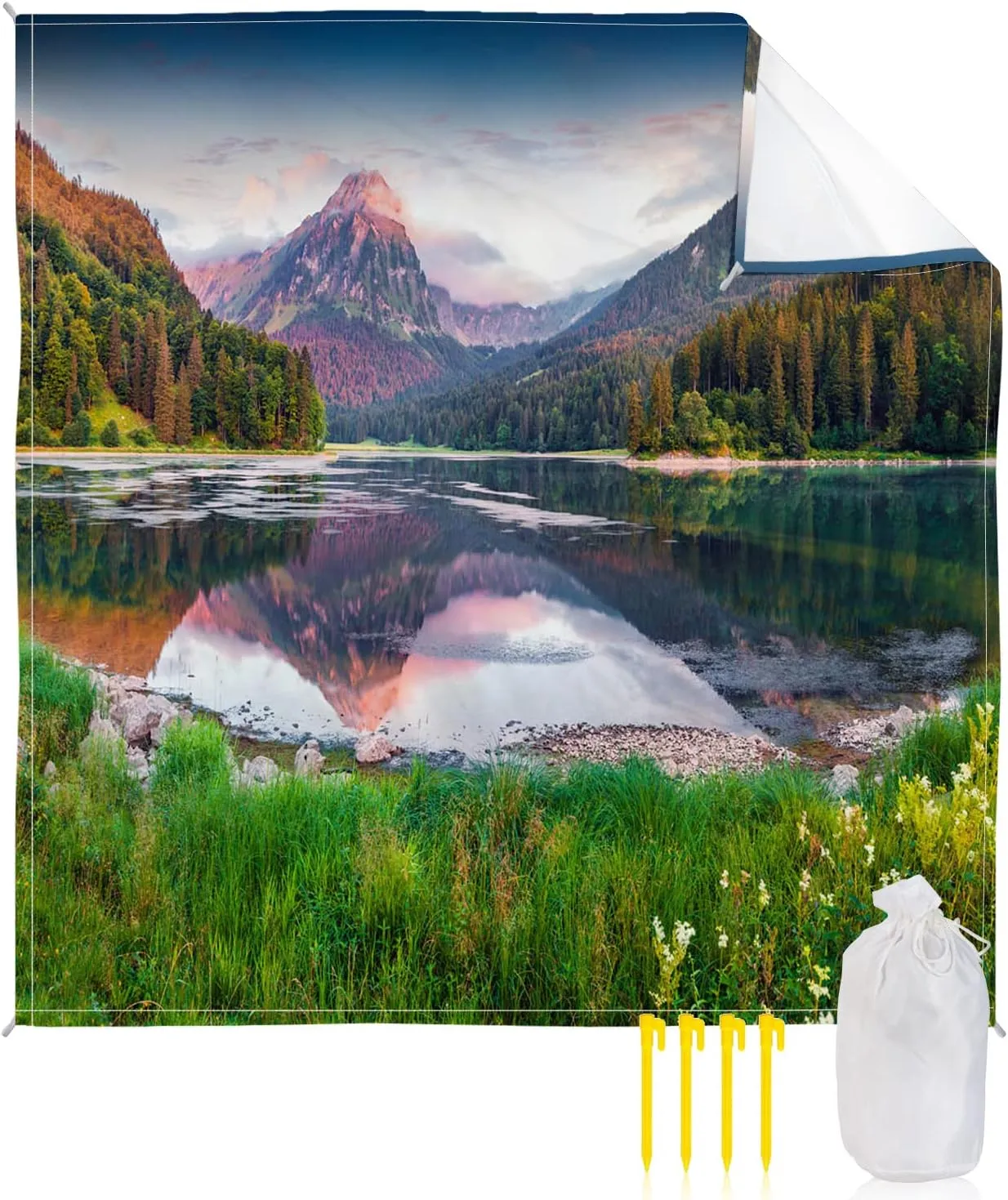 Beach Blanket Sandproof, Forest Lake Grass Spectacular Scenery Dreamy Sky Clouds Waterproof Beach Mat Lightweight Quick Drying Picnic Blanket Beach Essentials for Travel Camping Hiking 83x79in