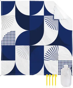 Beach Blanket Sandproof, Mid-Century Abstract Navy Blue White Waterproof Beach Mat Lightweight Quick Drying Picnic Blanket Beach Essentials for Travel Camping Hiking 83x79in