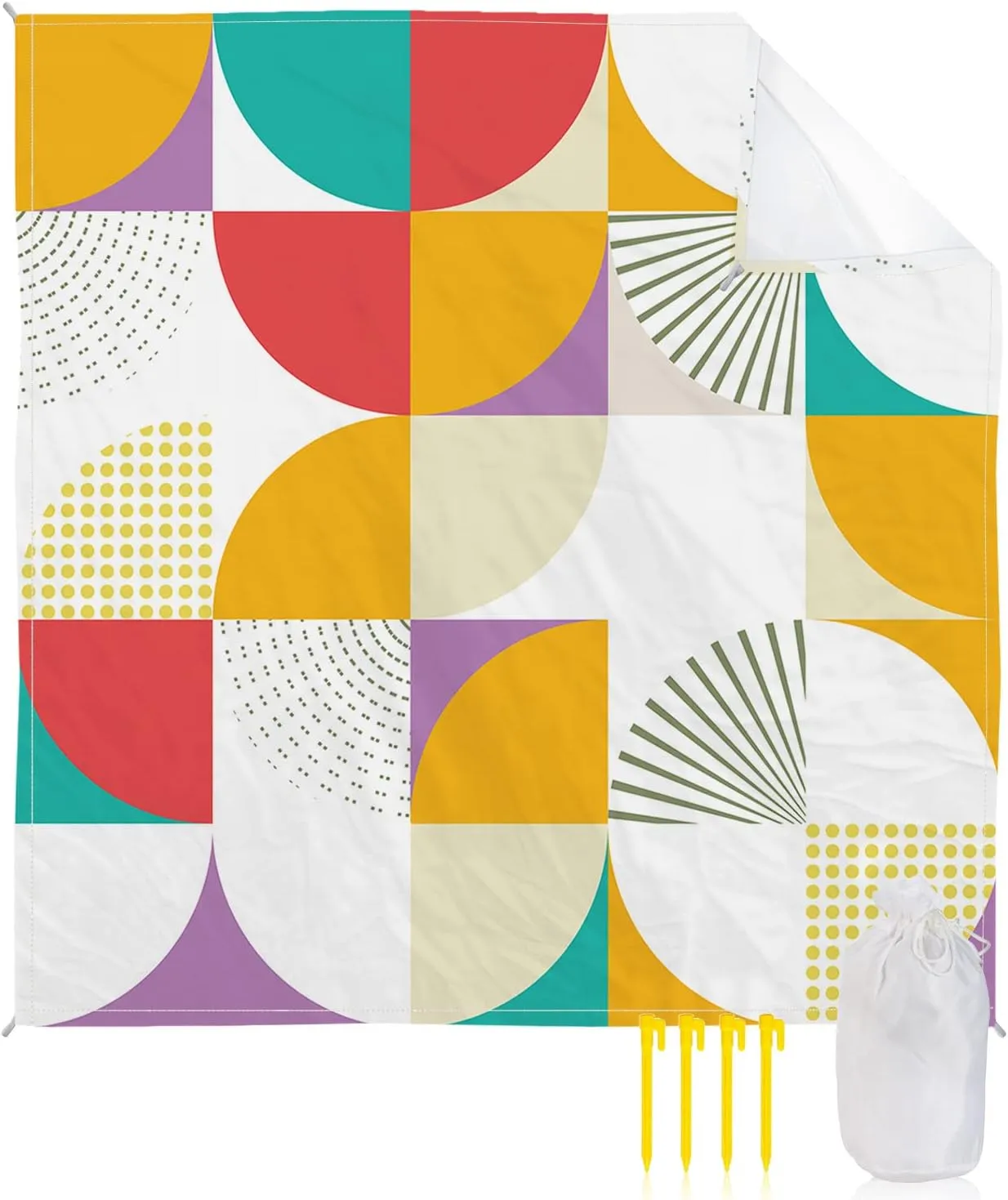 Beach Blanket Sandproof, Mid-Century Abstract Red Orange Aqua Purple Waterproof Beach Mat Lightweight Quick Drying Picnic Blanket Beach Essentials for Travel Camping Hiking 83x79in