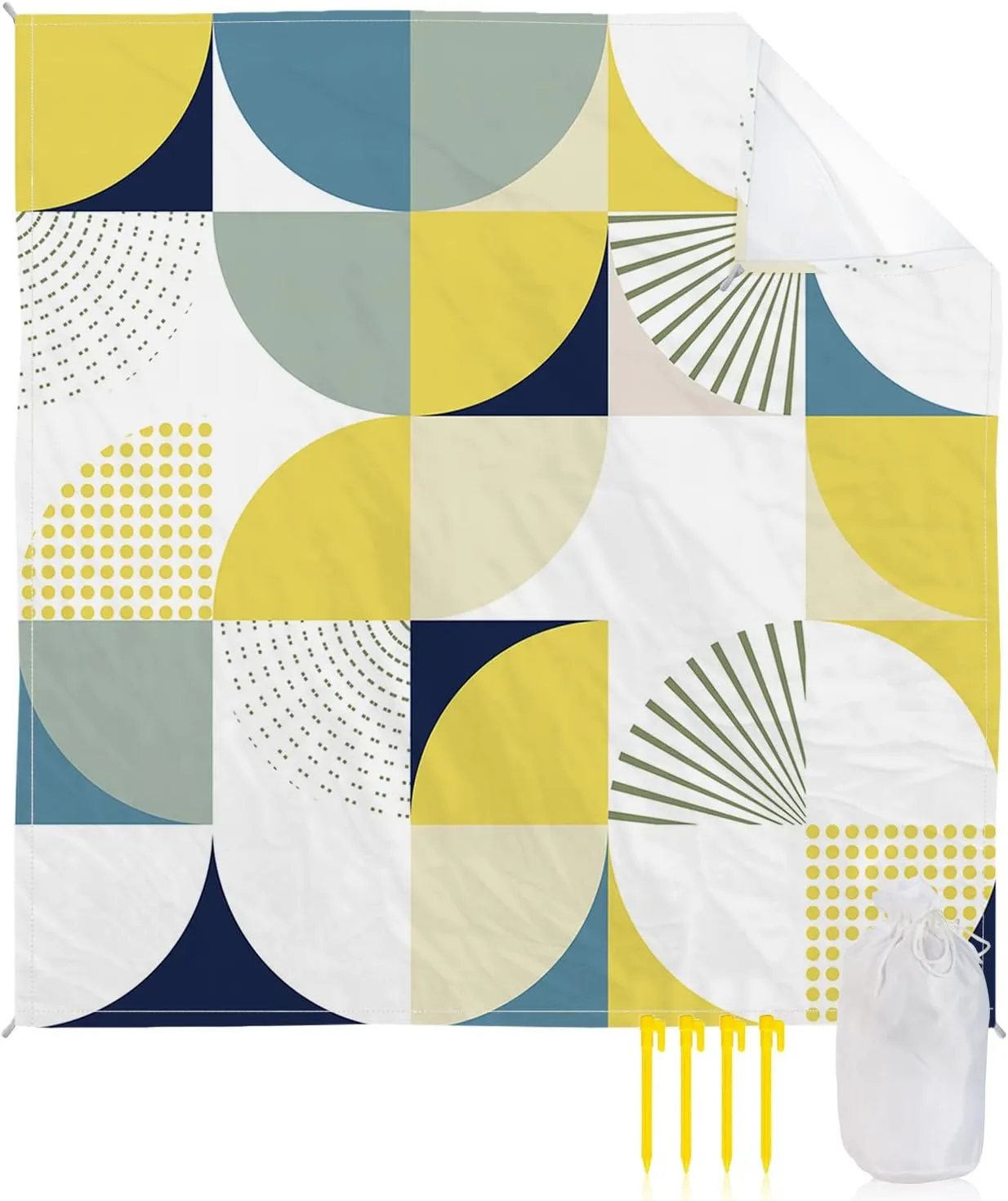 Beach Blanket Sandproof, Mid-Century Abstract Yellow Blue Khaki Waterproof Beach Mat Lightweight Quick Drying Picnic Blanket Beach Essentials for Travel Camping Hiking 108x84in