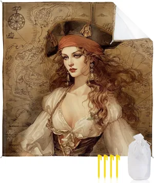 Beach Blanket Sandproof, Pirate Girl Treasure Route Map Waterproof Beach Mat Lightweight Quick Drying Picnic Blanket Beach Essentials for Travel Camping Hiking 108x84in