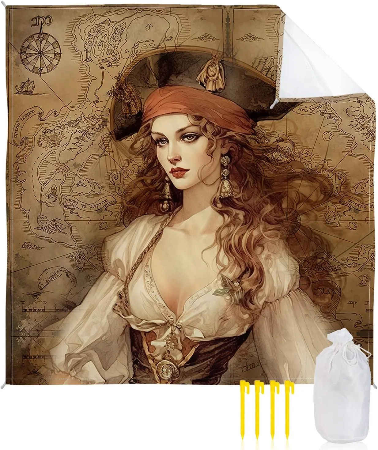 Beach Blanket Sandproof, Pirate Girl Treasure Route Map Waterproof Beach Mat Lightweight Quick Drying Picnic Blanket Beach Essentials for Travel Camping Hiking 108x84in