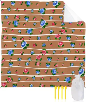 Beach Blanket Sandproof, Spring Flowers with Leaves Brown Stripe Waterproof Beach Mat Lightweight Quick Drying Picnic Blanket Beach Essentials for Travel Camping Hiking 108x84in