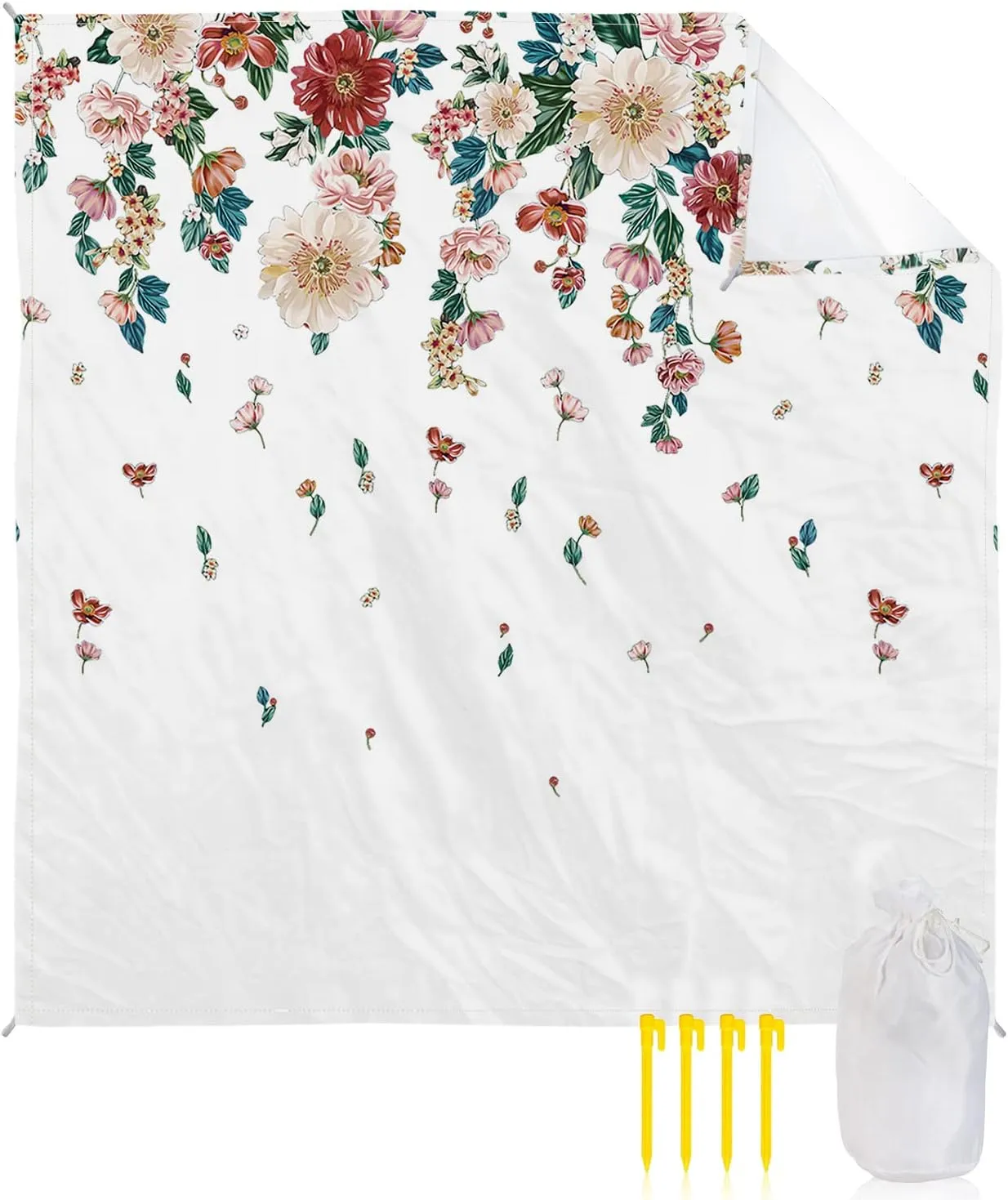 Beach Blanket Sandproof, Summer Plants Red Flowers Pattern Waterproof Beach Mat Lightweight Quick Drying Picnic Blanket Beach Essentials for Travel Camping Hiking 95x80in
