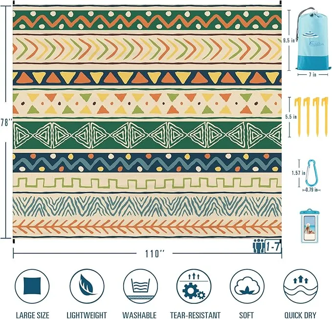 Beach Blanket Sandproof Waterproof 78''×110'' 1-7Adults Oversized,Compact Lightweight Durable Beach Mat for Travel Camping Hiking Picnic Blanket