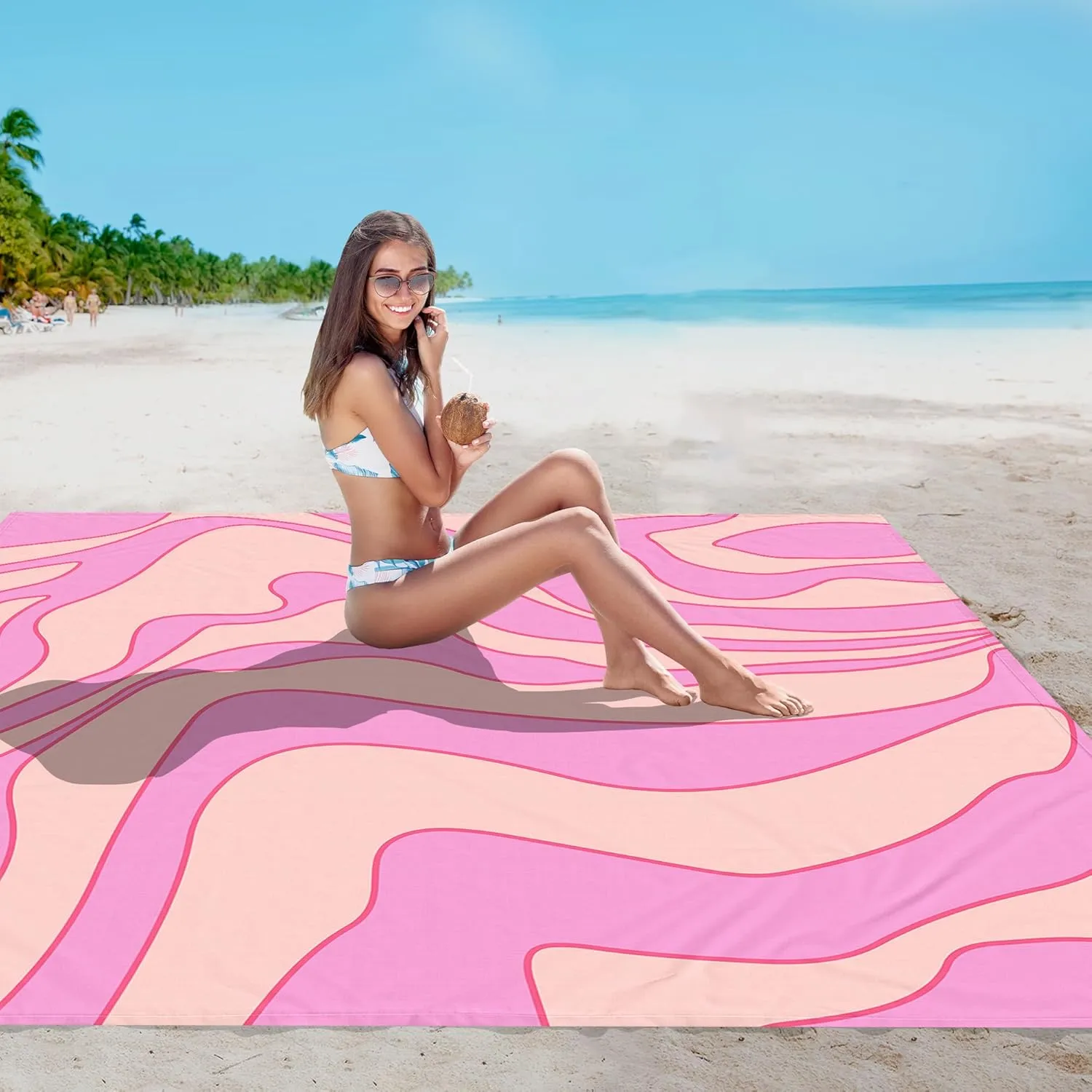 Beach Blanket Sandproof Waterproof, 78''×86'' Large Pink Picnic Blanket with 4 Stakes for 2-4 Adults, Lightweight Foldable Compact Sand Free Outdoor Mat with Portable Bag for Camping, Hiking, Travel