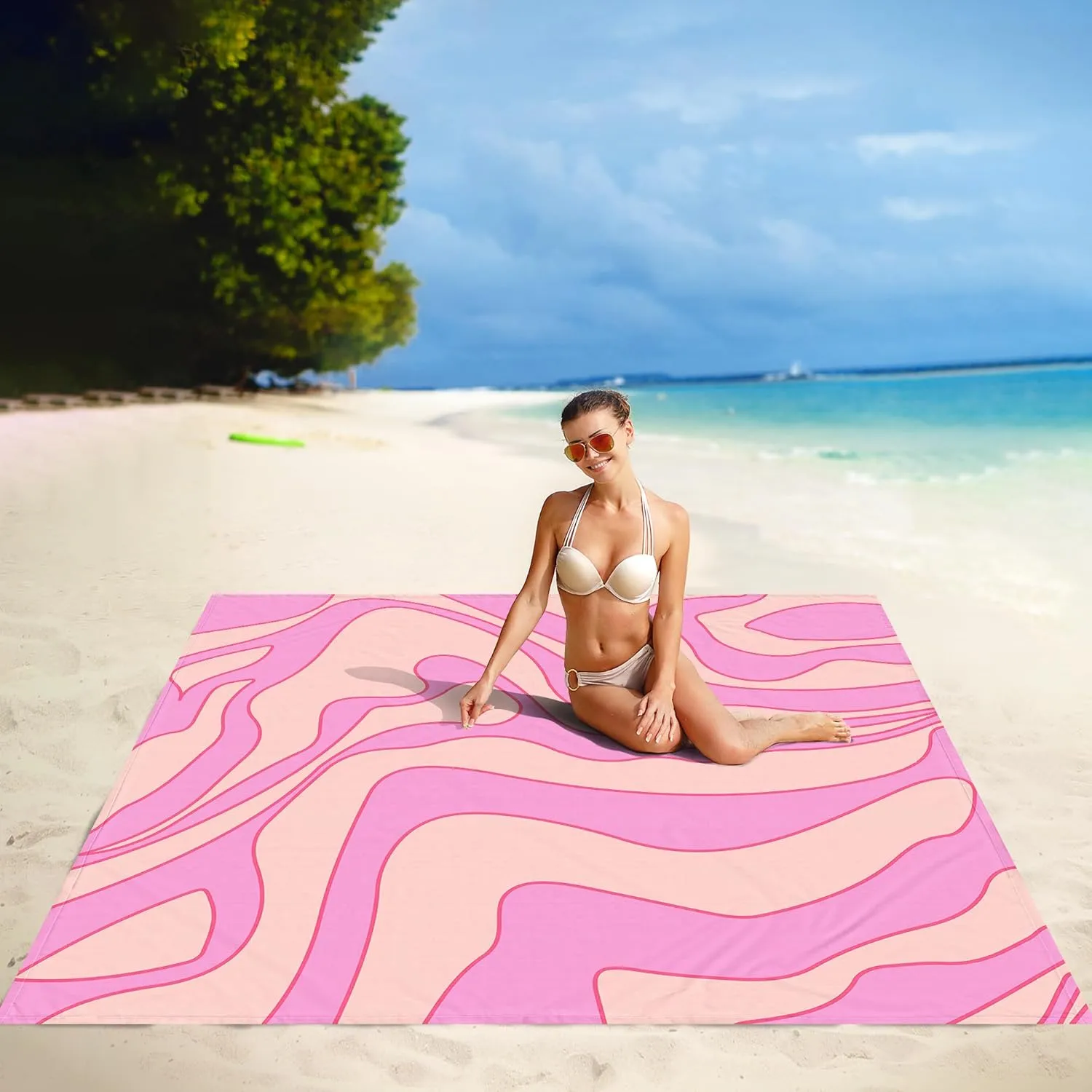 Beach Blanket Sandproof Waterproof, 78''×86'' Large Pink Picnic Blanket with 4 Stakes for 2-4 Adults, Lightweight Foldable Compact Sand Free Outdoor Mat with Portable Bag for Camping, Hiking, Travel