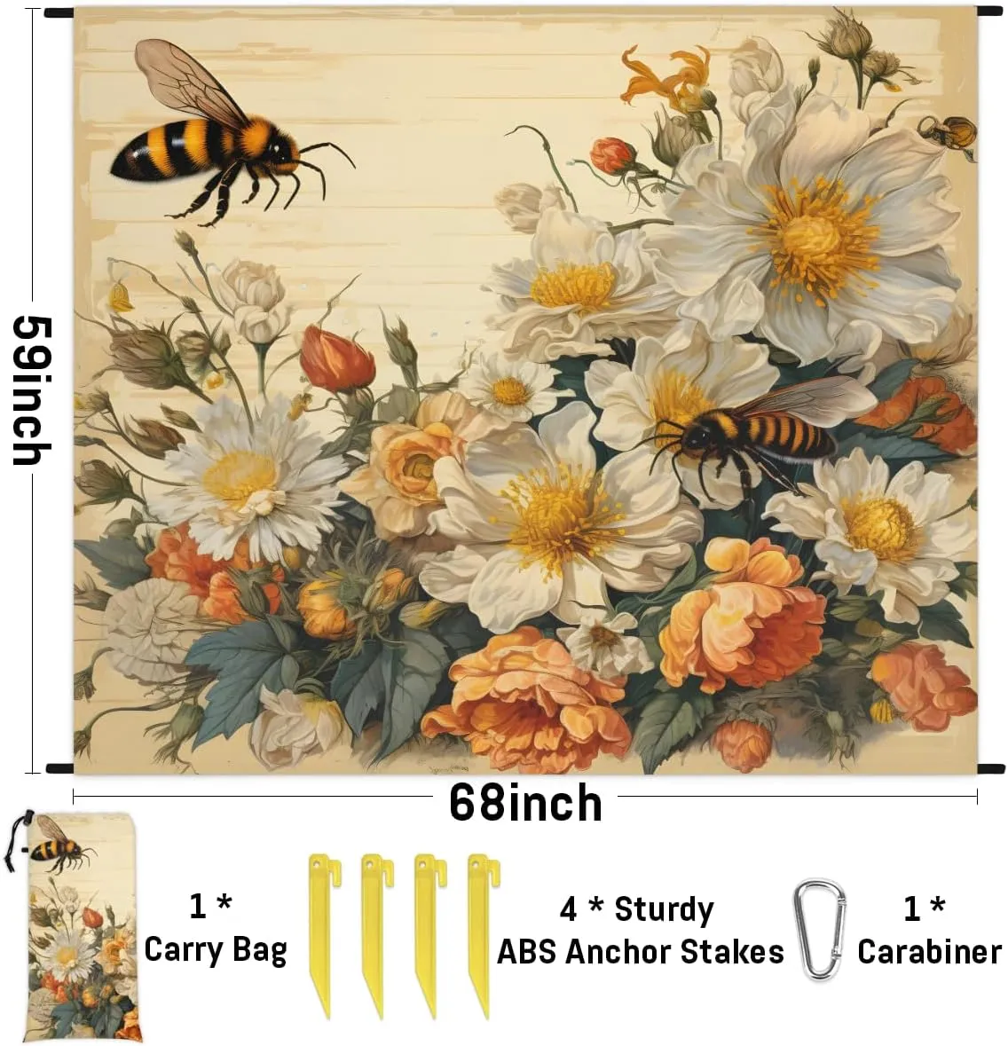Beach Blanket, Spring Summer Flower Sandproof Beach Mat, Waterproof Quick Drying Sand Free Mat with 4 x Ground Spikes for Outdoor Travel Camping Hiking, Bee 68 x 59 in