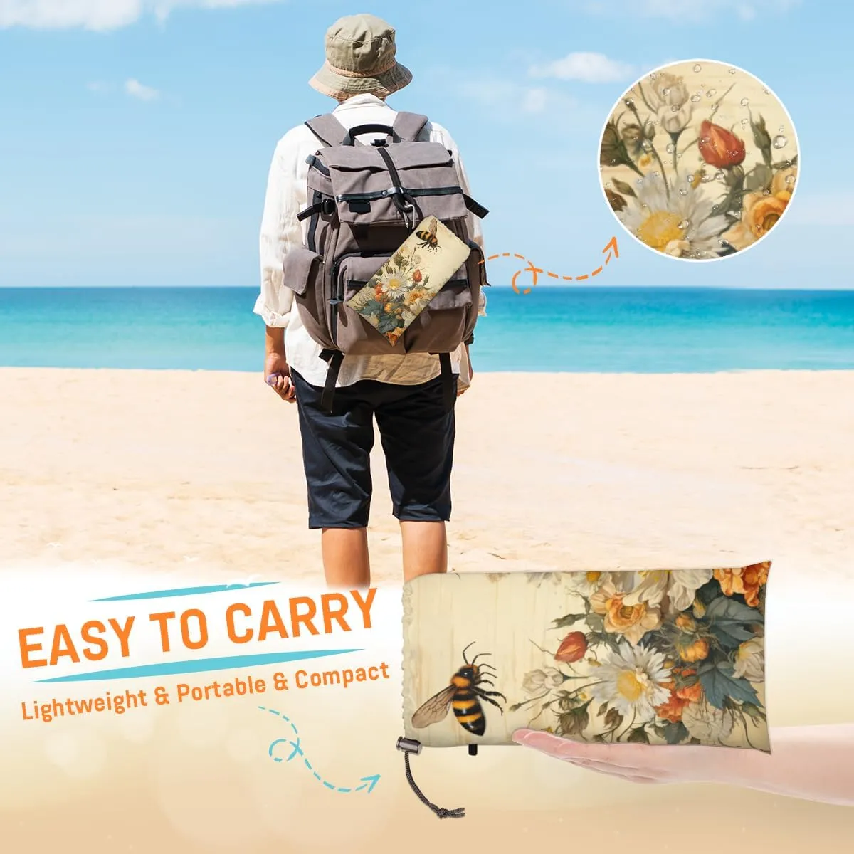 Beach Blanket, Spring Summer Flower Sandproof Beach Mat, Waterproof Quick Drying Sand Free Mat with 4 x Ground Spikes for Outdoor Travel Camping Hiking, Bee 68 x 59 in